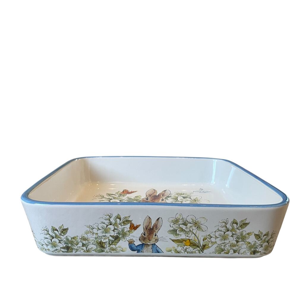 Beatrix Potter Peter Rabbit 9" Square Ceramic Baker Blue Rim Easter Bakeware NEW - Picture 4 of 13
